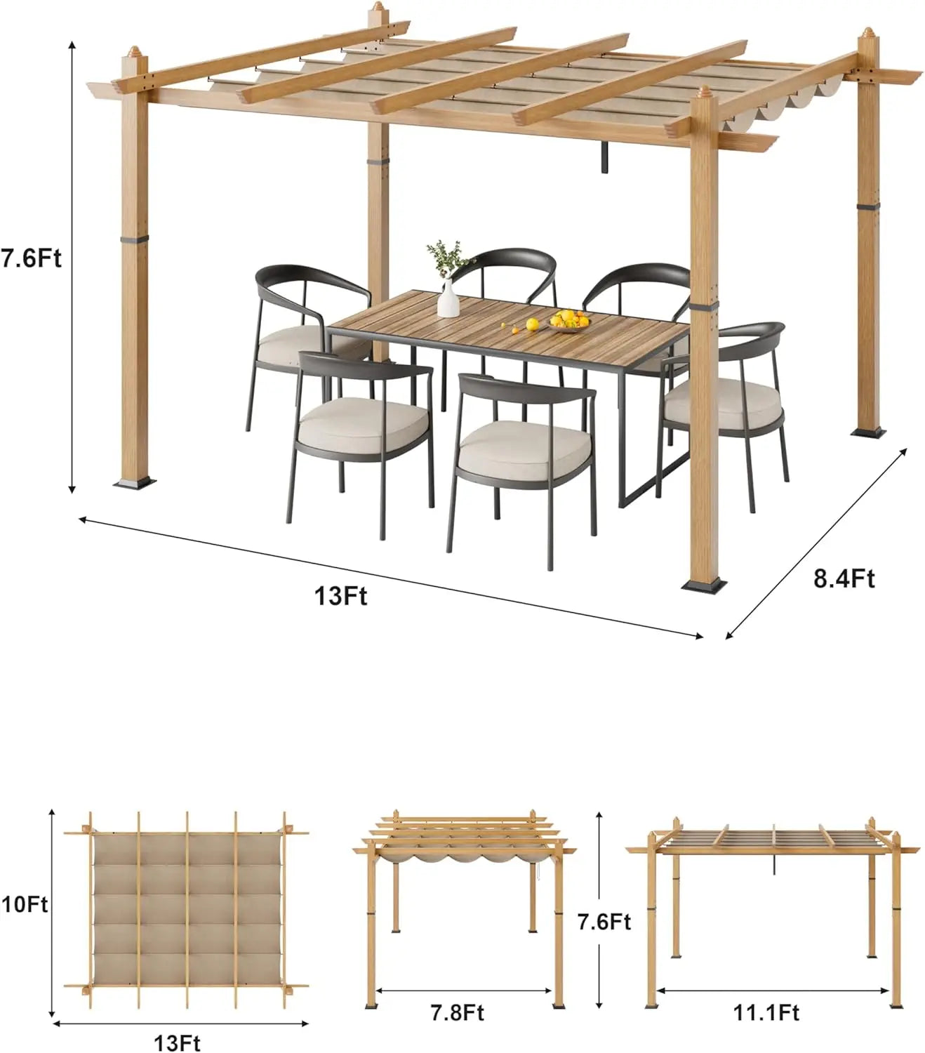 HiMISS Outdoor Pergola With Retractable Canopy Faux Wood Grain Aluminum