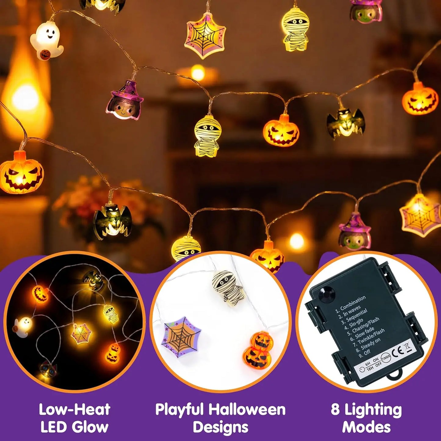19.7FT 30 LED Halloween String Lights with Ghost & Pumpkin 3D Designs, Battery Operated Timer & 8 Lighting Modes, Spooky Indoor Outdoor Halloween Decorations for Party Yard Porch Patio