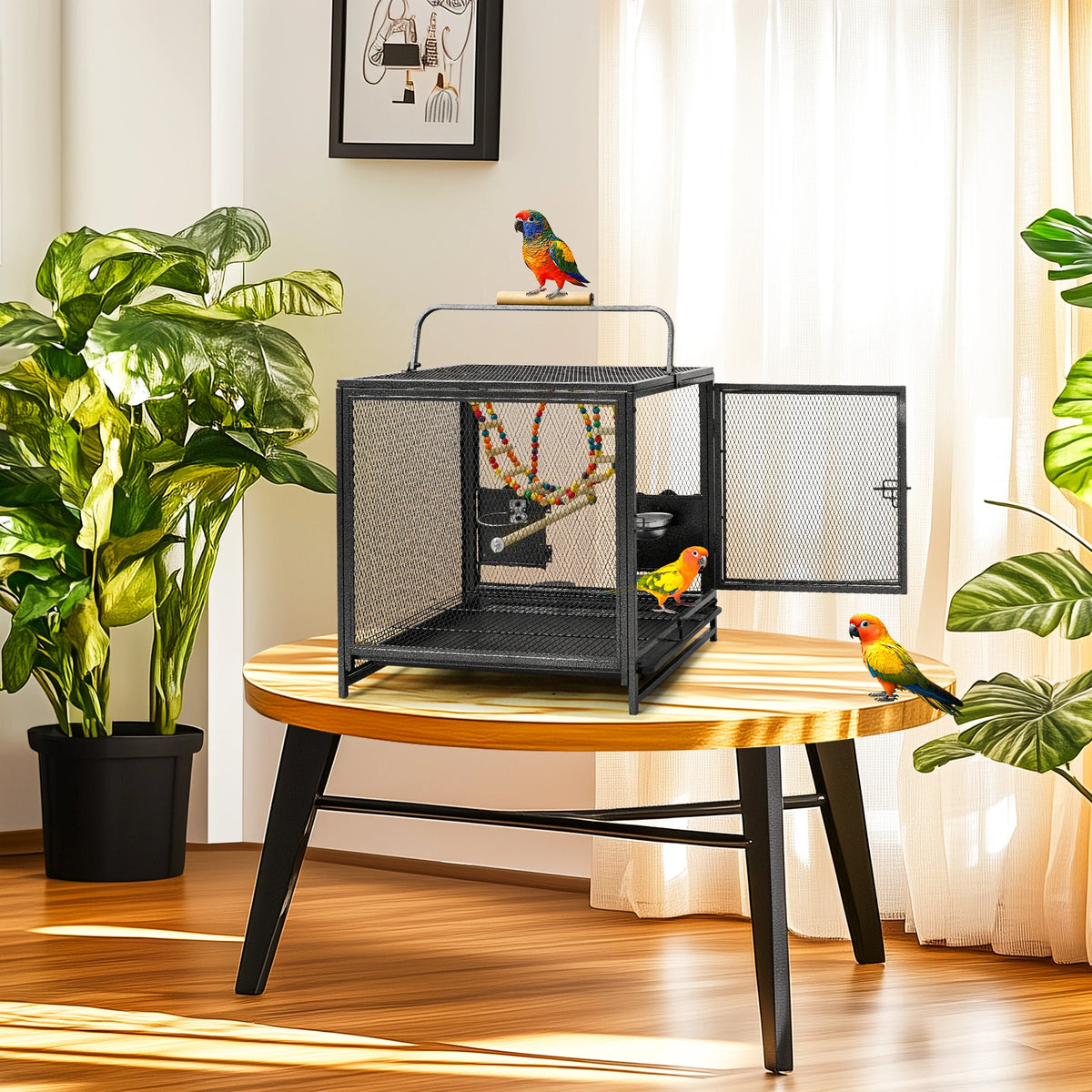 Wrought Iron Bird Travel Cage With Wooden Perch And Handle