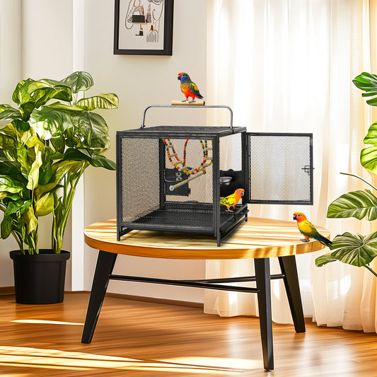 Wrought Iron Bird Travel Cage With Wooden Perch And Handle
