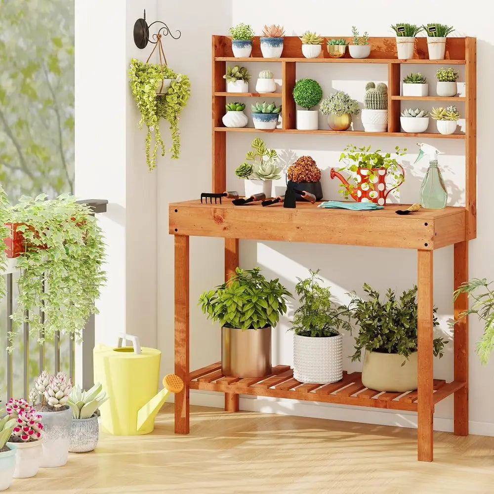 Potting Bench Table, Outside Solid Wood Gardening Table with lip-up Tabletop, Storage Shelves, Indoor Outdoor Wooden Workstation