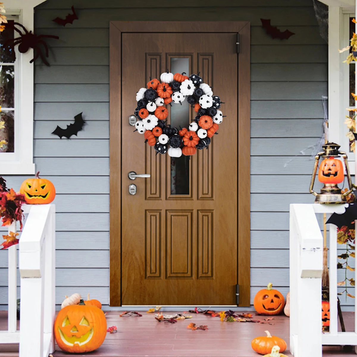 Halloween Pumpkin Wreath with Rattan Base for Fall Home Decor