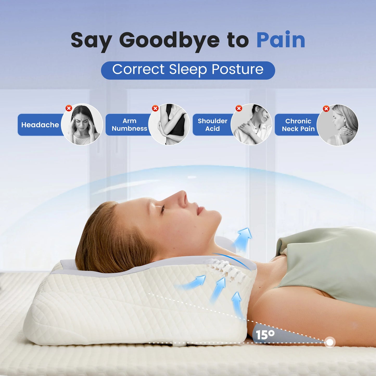 JHK King Size Ergonomic Memory Foam Bed Pillow with Cooling Pillowcase Cervical Contour Pillows For Back Stomach Sleepers