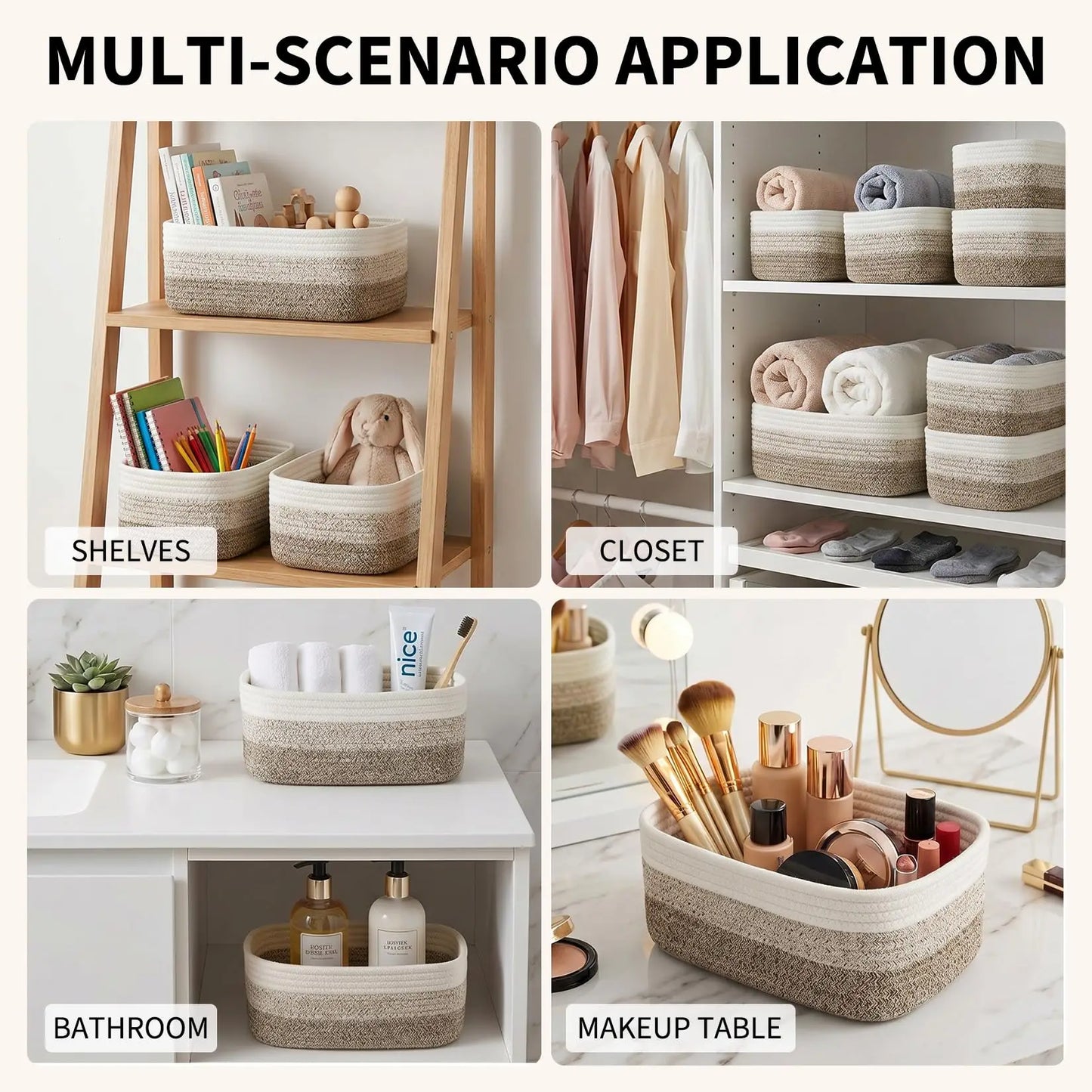 3/6 Pack Cotton Rope Woven Storage Baskets, Rectangular Shelf Organizer Bins For Closet Bathroom Nursery Toys Makeup, 11.8 x 7.5 in