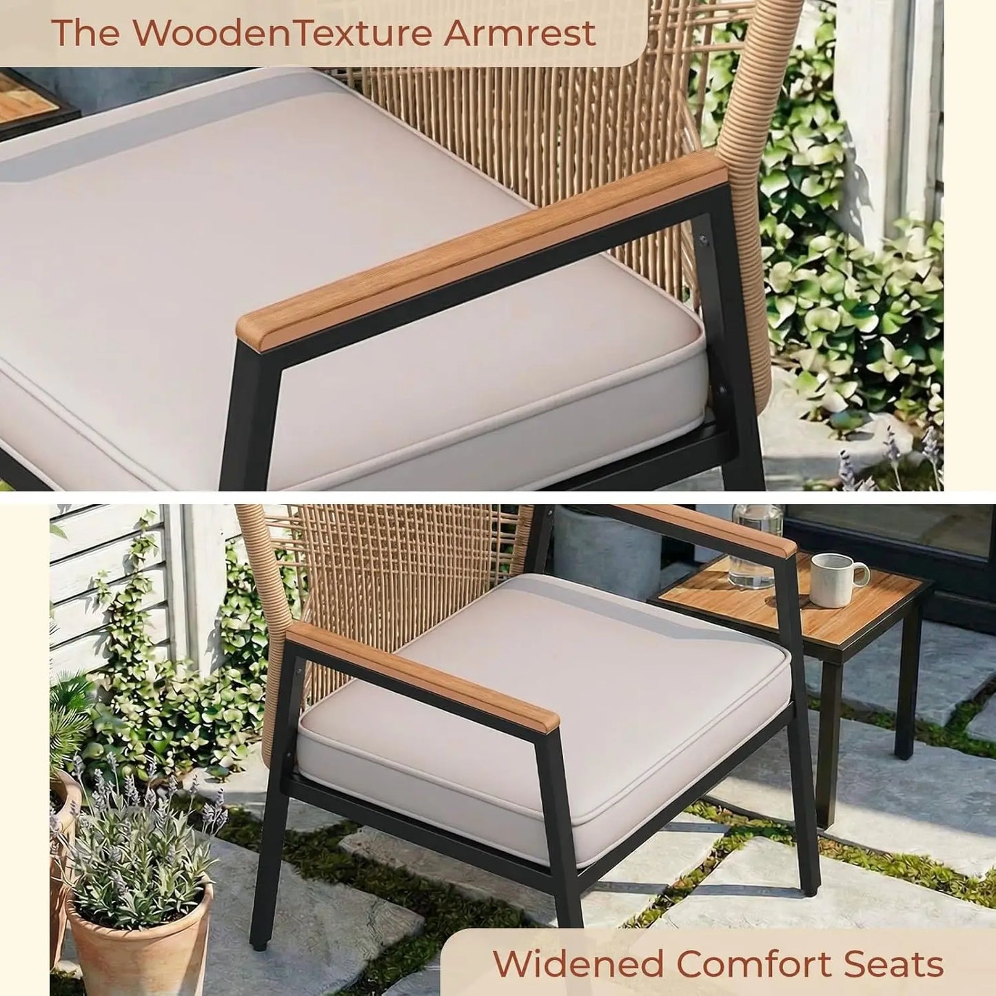 2PCS Garden Rattan Chairs,Patio Chairs,Removable 8 cm Seat Cushion,Up to 160 kg,WPC Armrest,for Balcony,Pool,Restaurant,Terrace