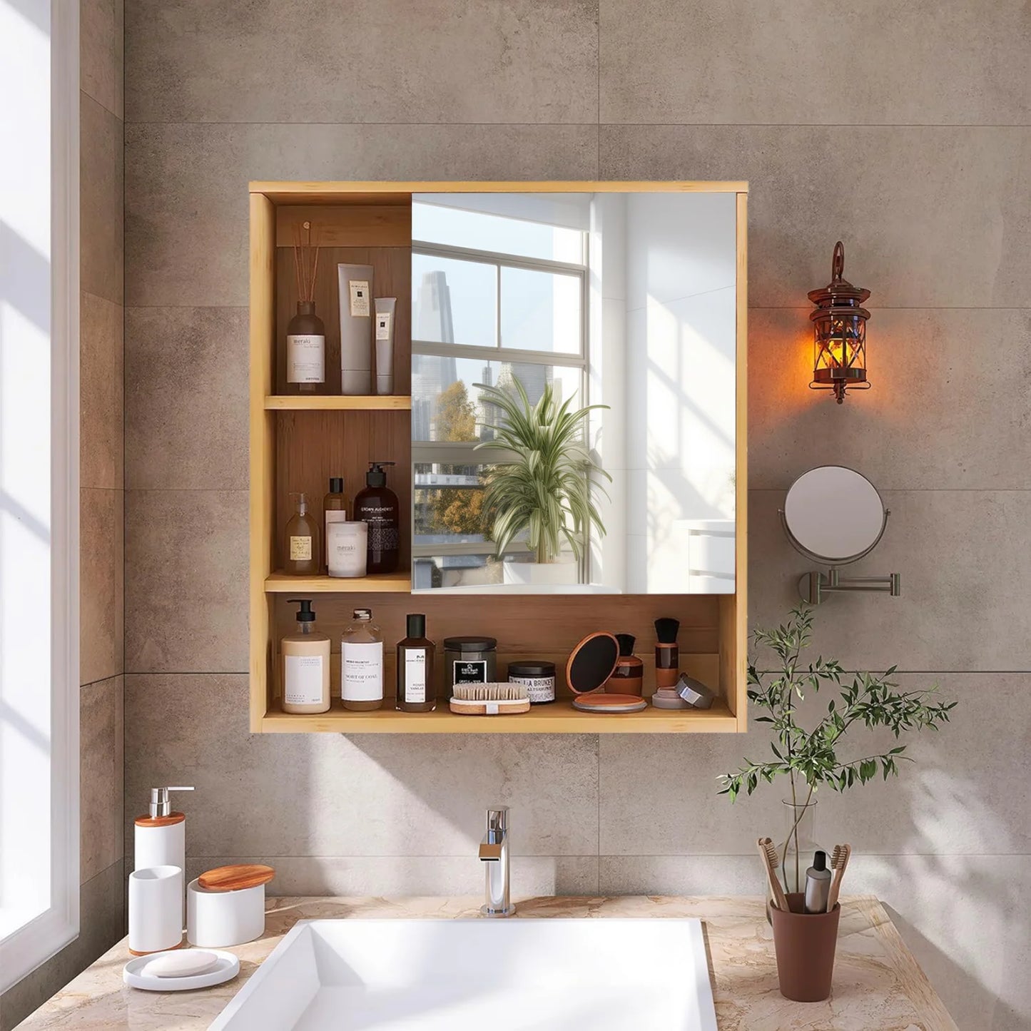 Bamboo Wall Cabinet Bathroom Storage Cabinet Wall Mounted for Entryway Kitchen Vanity Cabinet with Mirror Adjustable Shelf
