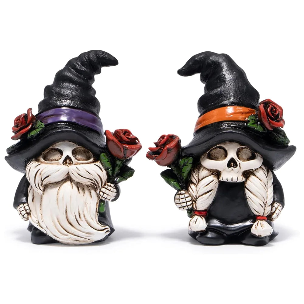 Hodao Resin Halloween Skull Gnome Couple Figurines for Gothic Decor