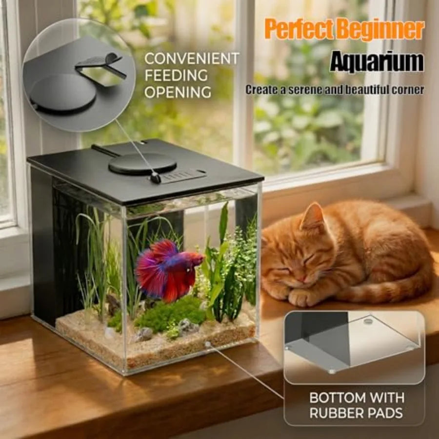 Betta Fish Tank 1 Gal 3.7L,Acrylic Nano Aquarium Kit With Water Filter Pump and LED Light, Ideal for Small Fish, Shrimp and Pla