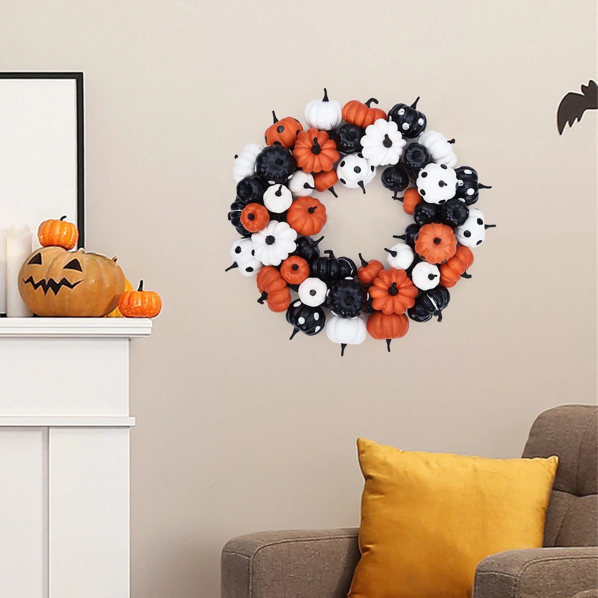 Halloween Pumpkin Wreath with Rattan Base for Fall Home Decor