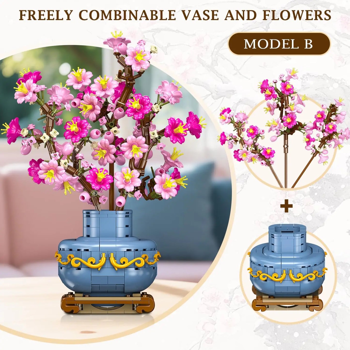 HOGOKIDS Flowers Cherry-Blossom Bonsai Building Set-2 in 1 Artificial Bonsai Tree Plants for Home Decor Toy Gift for Adults Teen