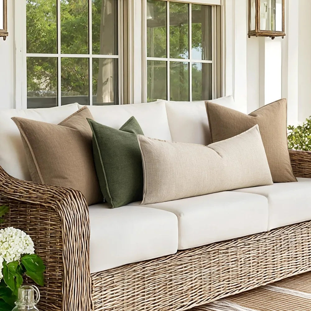 Boho Lumbar Throw Pillow Cover 14x36 Natural Beige Linen Cotton Flange Edge