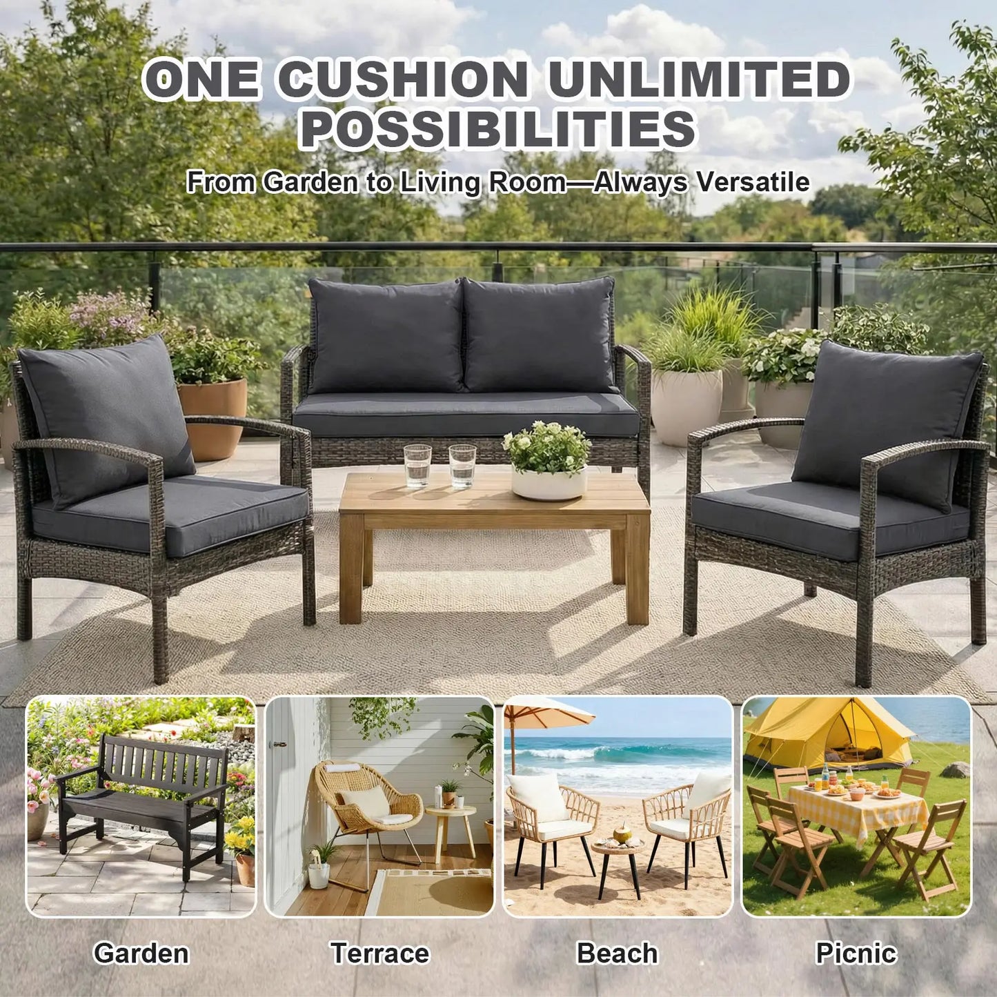 Outdoor Chair Cushions, 60*60*10CM Outdoor Cushion for Patio Furniture, Patio Chair Cushion, Waterproof & Fade Resistant Deep Patio Furniture Cushions Set with Handle and Ties