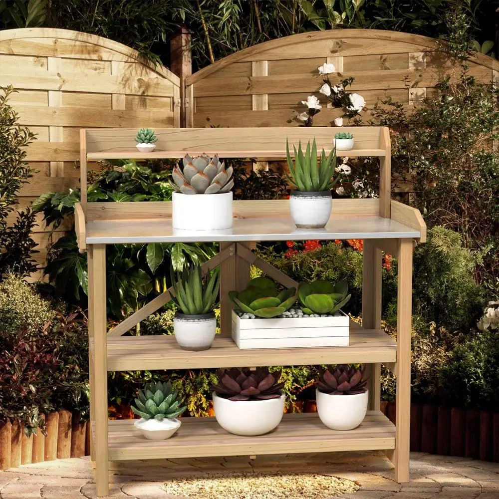 Garden Potting Bench, Gardening Work Station Table with 2 Storage Shelves, ir Wood Structure & Metal Tabletop, Garden Table Pott