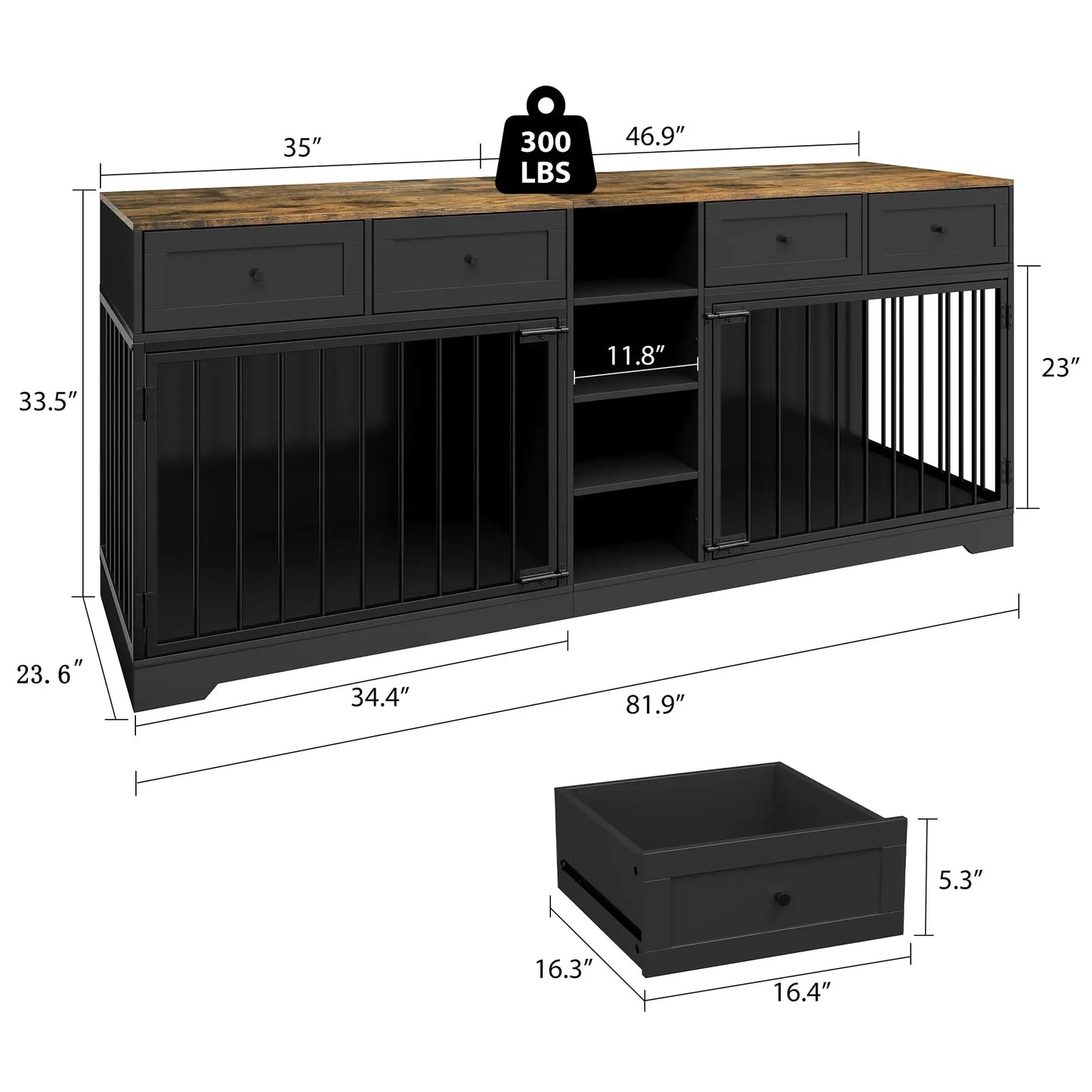 HiMISS Heavy Duty Double Dog Crate TV Stand With Drawers