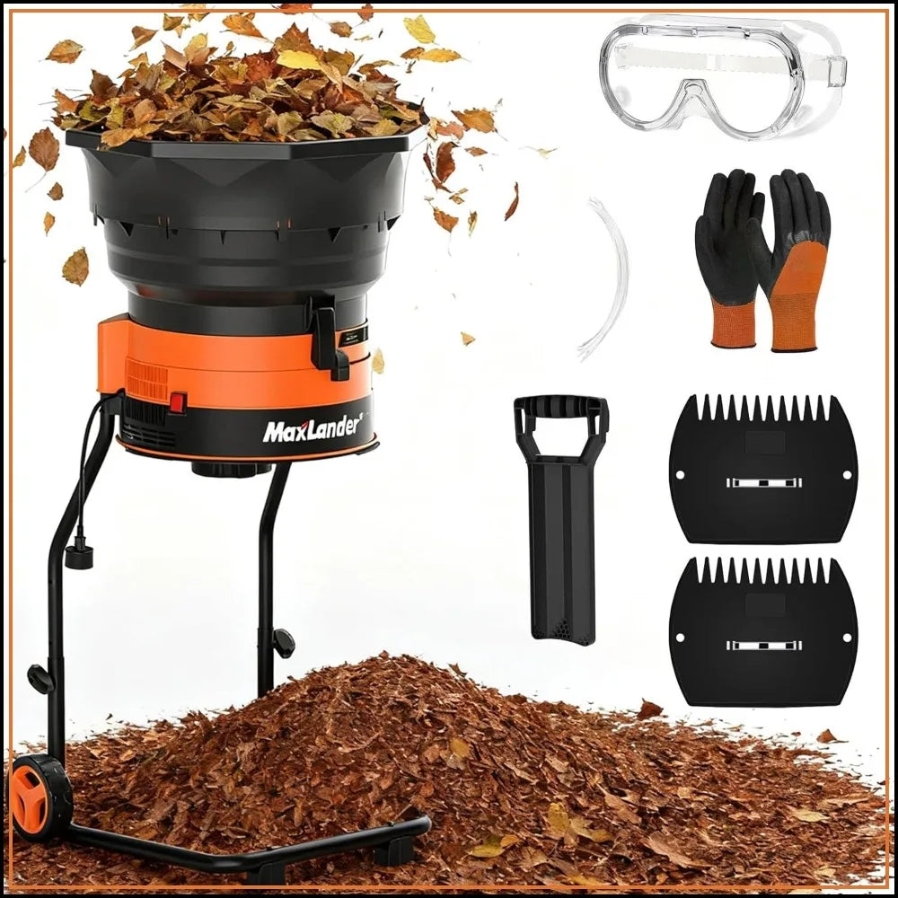 Electric Leaf Mulcher/Shredder, 15A 8400RPM, 18:1 Ratio, Dial, Goggles, Scoops, Gloves, 20 Lines, Portable