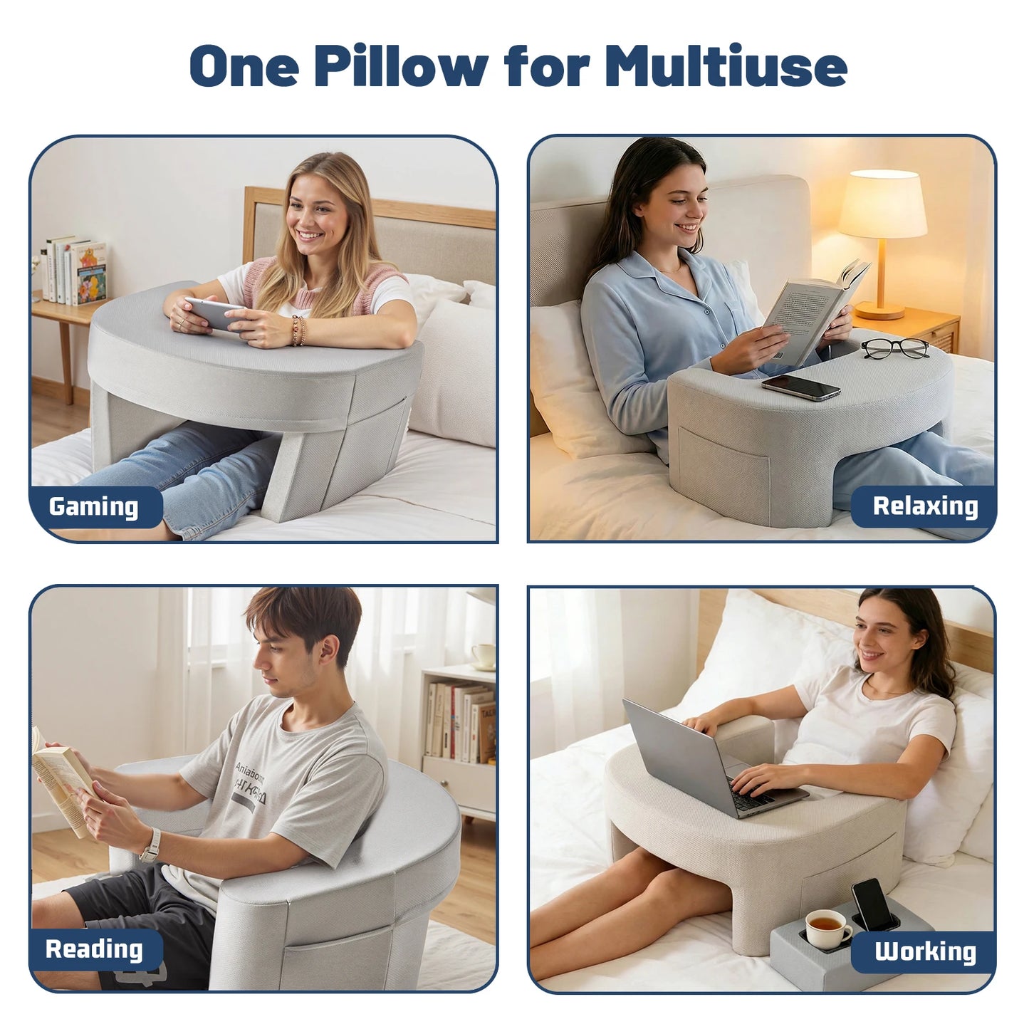 JHK Curved Reading Pillow Ergonomic Memory Foam Neck Pillow Ventilated Cooling Bed Pillow with Removable Washable Cover Comfort