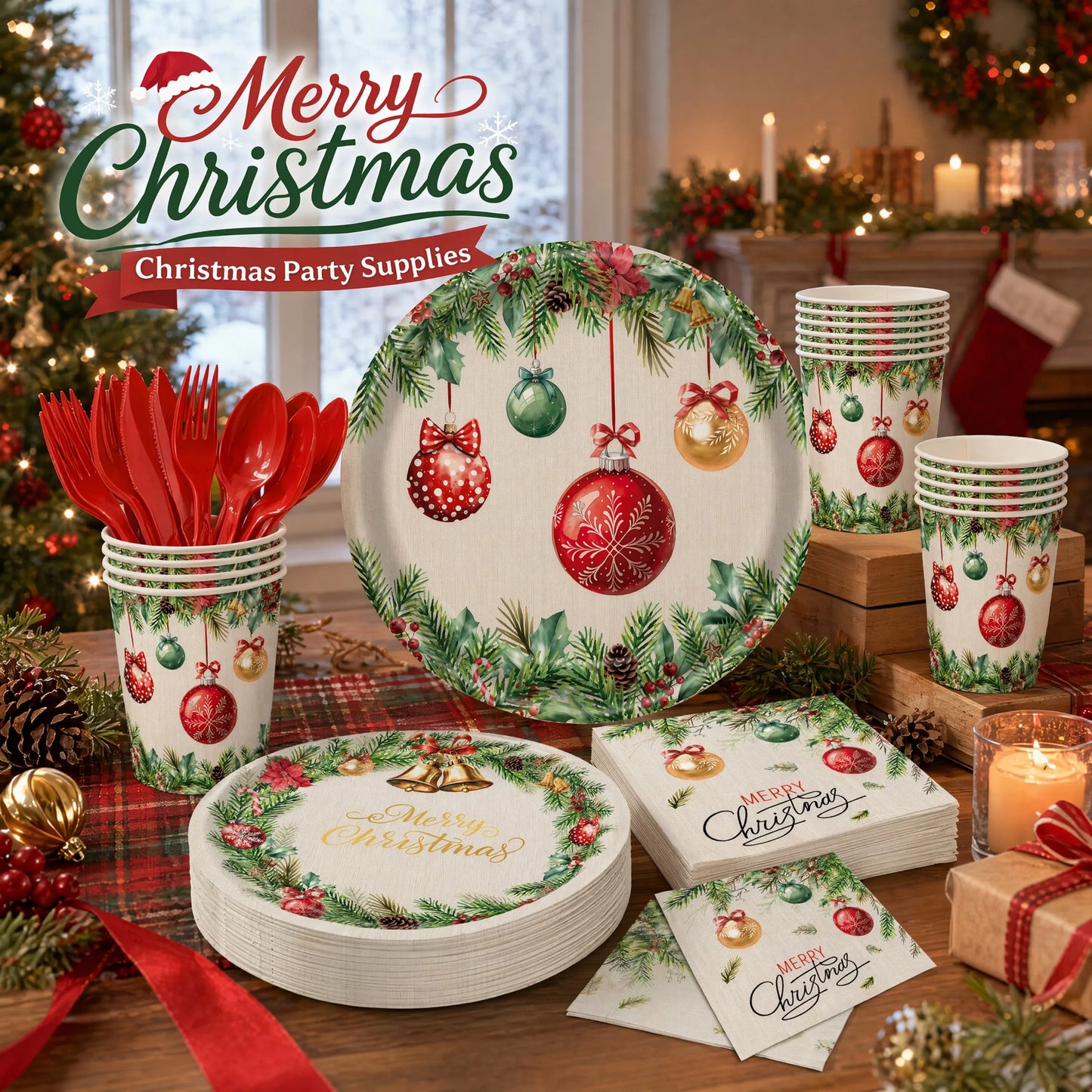 `Christmas Party Supplies Set, 350 Pcs Disposable Dinnerware Set with Plates Cups Napkins Cutlery for 50 Guests`