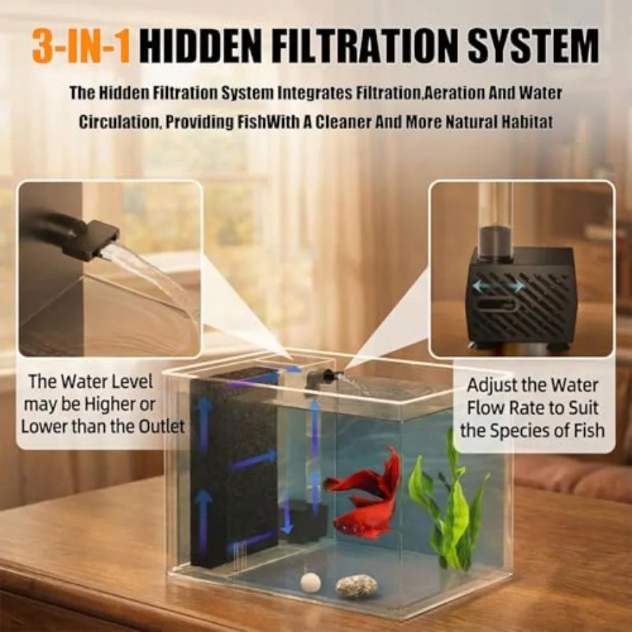 Betta Fish Tank 1 Gal 3.7L,Acrylic Nano Aquarium Kit With Water Filter Pump and LED Light, Ideal for Small Fish, Shrimp and Pla