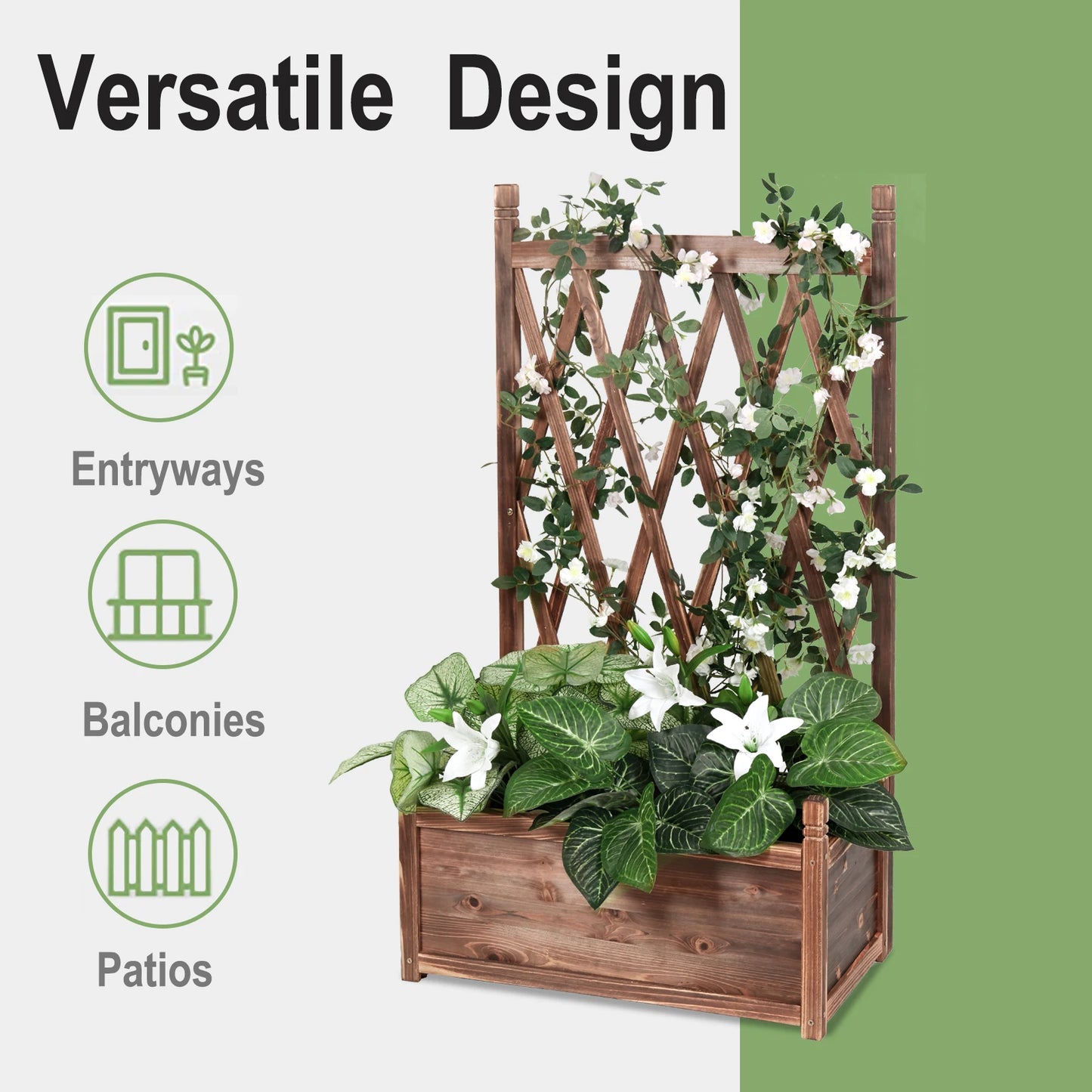 Elevated Wood Garden Bed With Trellis Planter For Herbs
