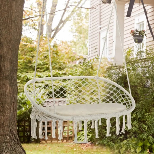 Cream 2-Person Porch Swing Hanging Chair w/ Cushion Cotton Rope Patio Backyard 51.25"x29.5"x15.75" Customized