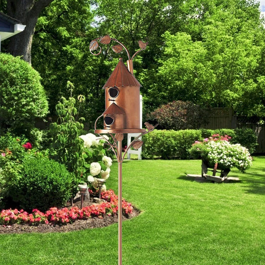 Metal Bird House with Pole Metal Art Cottage Bird House Stakes Hummingbird House Distressed Metal Birdhouse Garden Decor