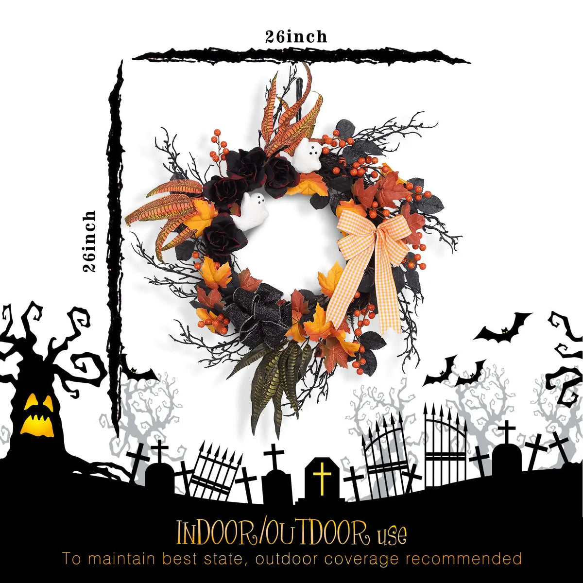 Halloween Ghost Wreath With Orange Ribbon, Maple And Black Feathers