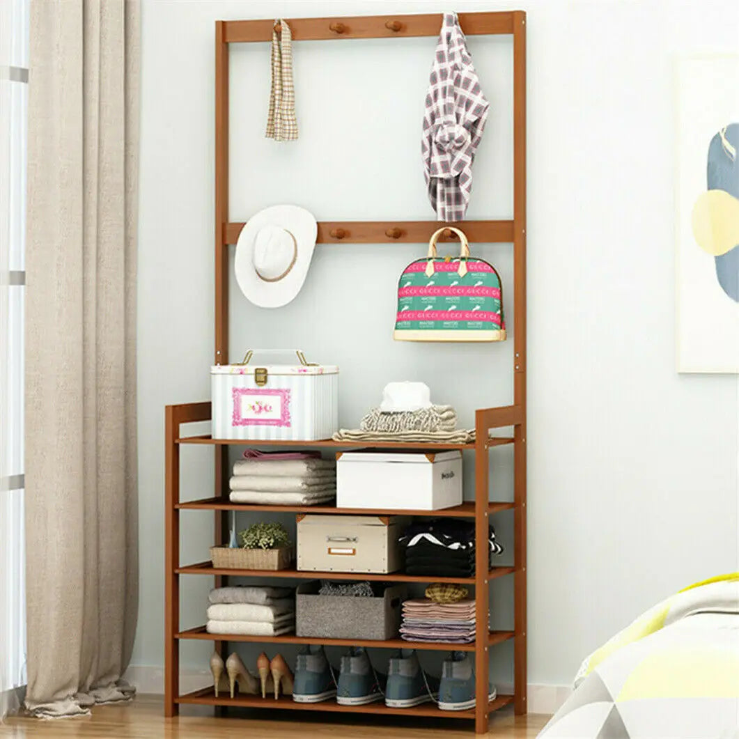 Bamboo Hall Tree Bench With Coat Hooks For Entryway Storage
