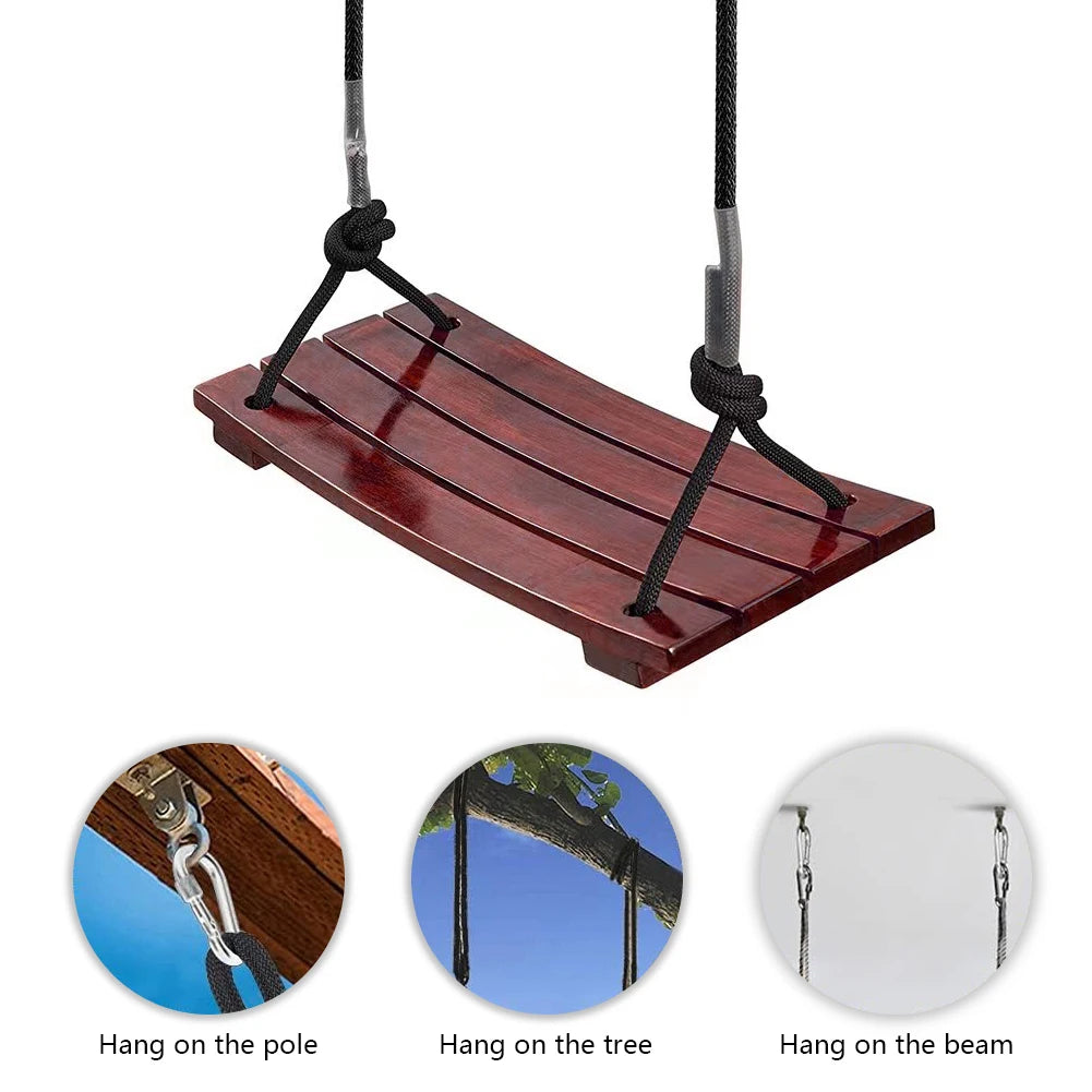 Solid Wood Swing Wooden Swing Seat Maximum Load 440Lbs Curved Swing Adjustable Rope Length Outdoor Rope Swing for Kids Adults