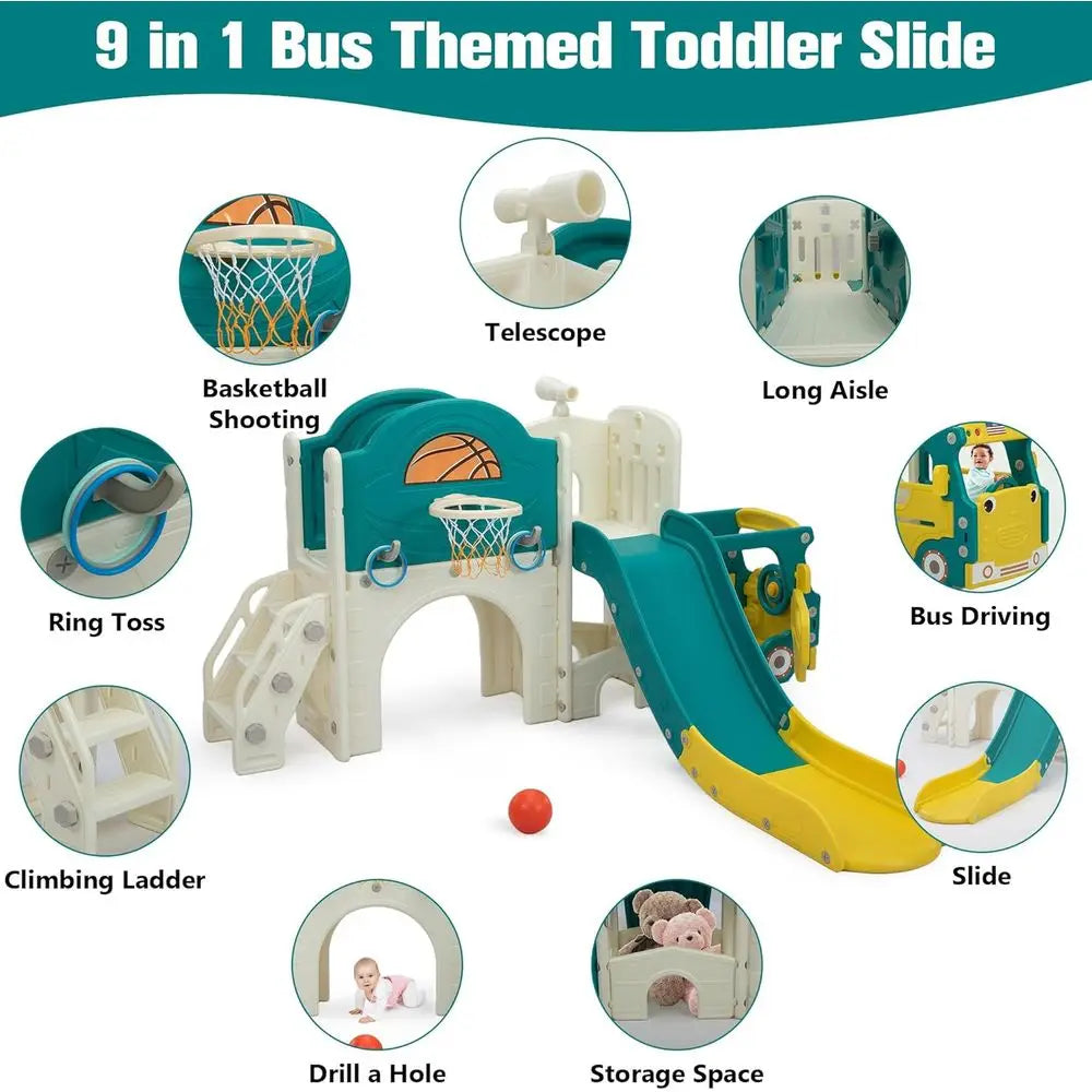 Bus Themed Toddler Playground Climber With Slide And Playhouse Indoor