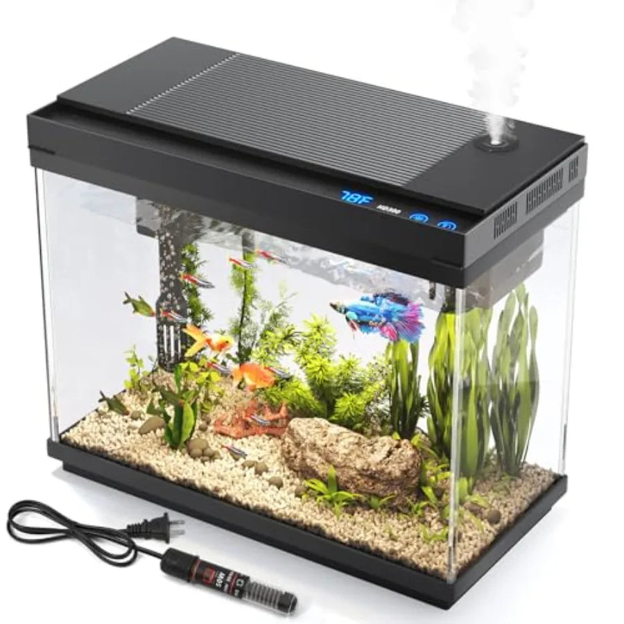 Fish Tank, 2.4 Gallon Fish Aquarium, Fish Tank Starter kit with Smart Humidifier, Temperature Display, 7-Color Lighting, 3 in 1