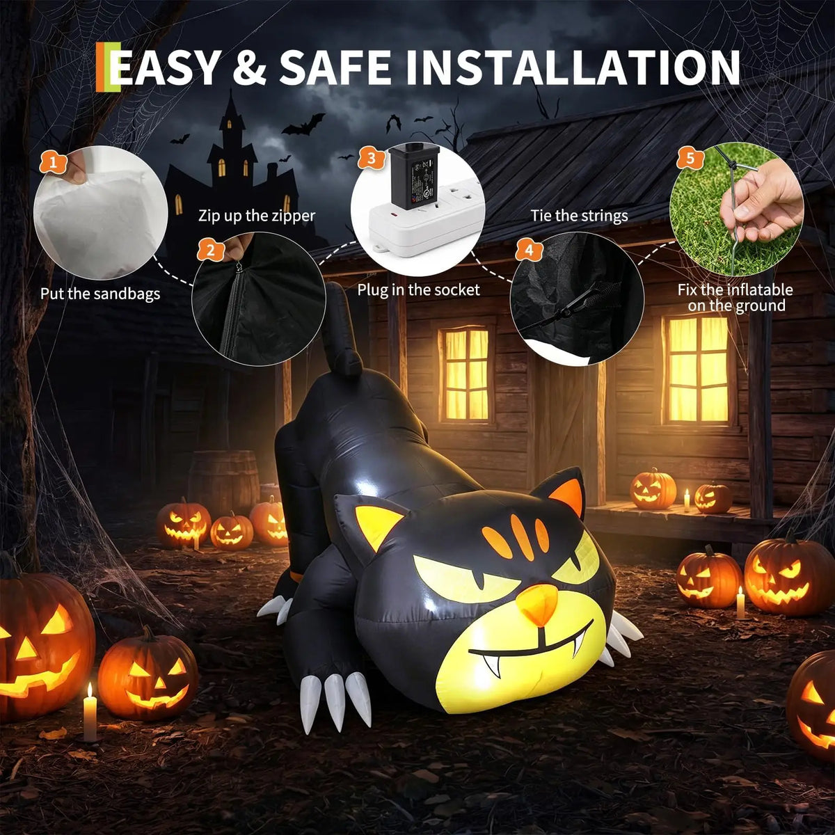 Halloween Inflatable Cat With Built In Fan And LED Lighting