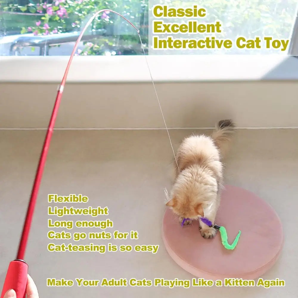 Indoor Cat Toy Kitten Wand And Feather Toys Set Interactive