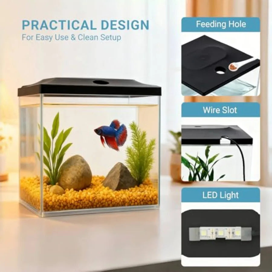 0.8-Gallon Cube Small Fish Tank, Shatterproof Plastic Fish Tank with LED Lighting, Temporary Fish Bowl for Fry, Isolation, Educ