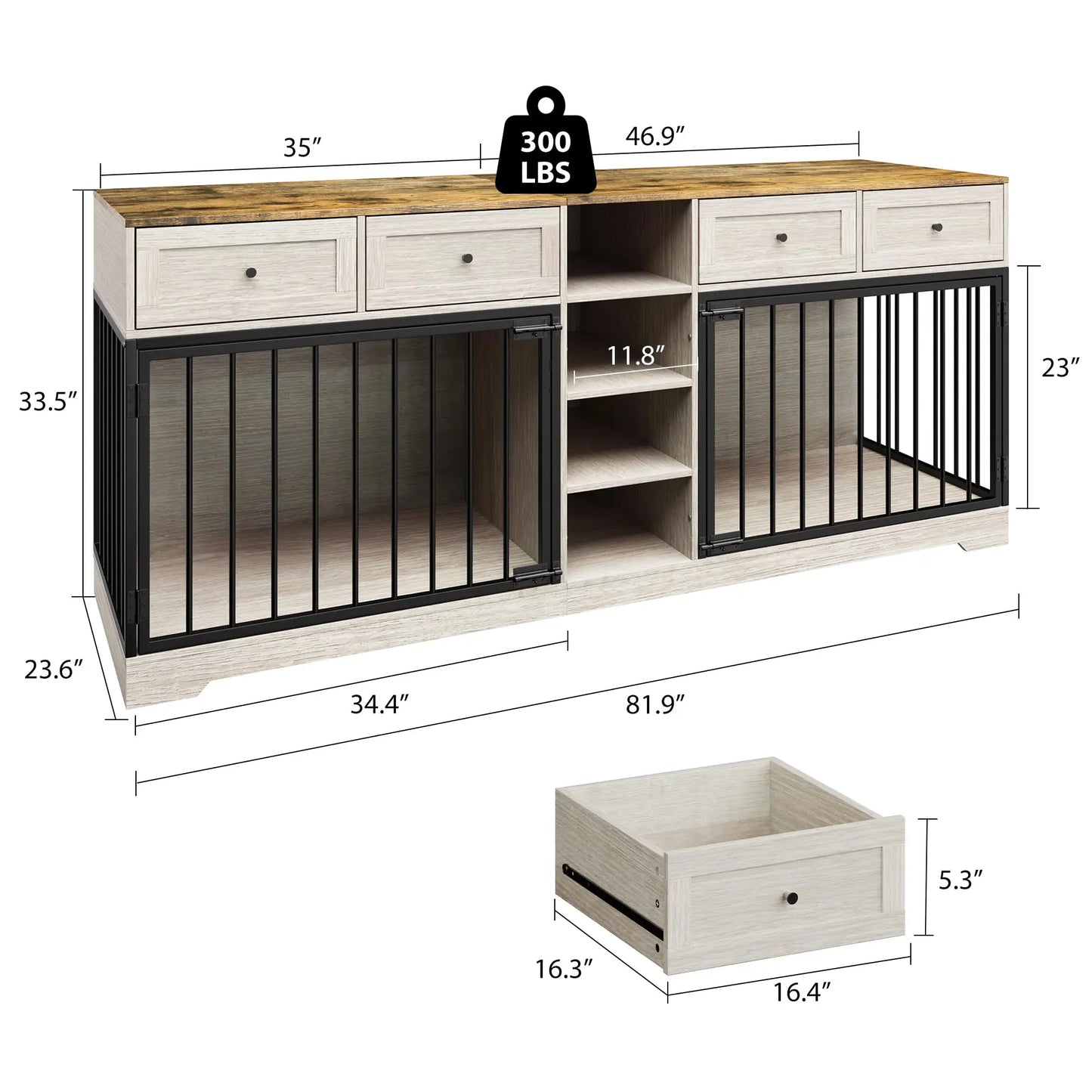 HiMISS Heavy Duty Double Dog Crate TV Stand With Drawers