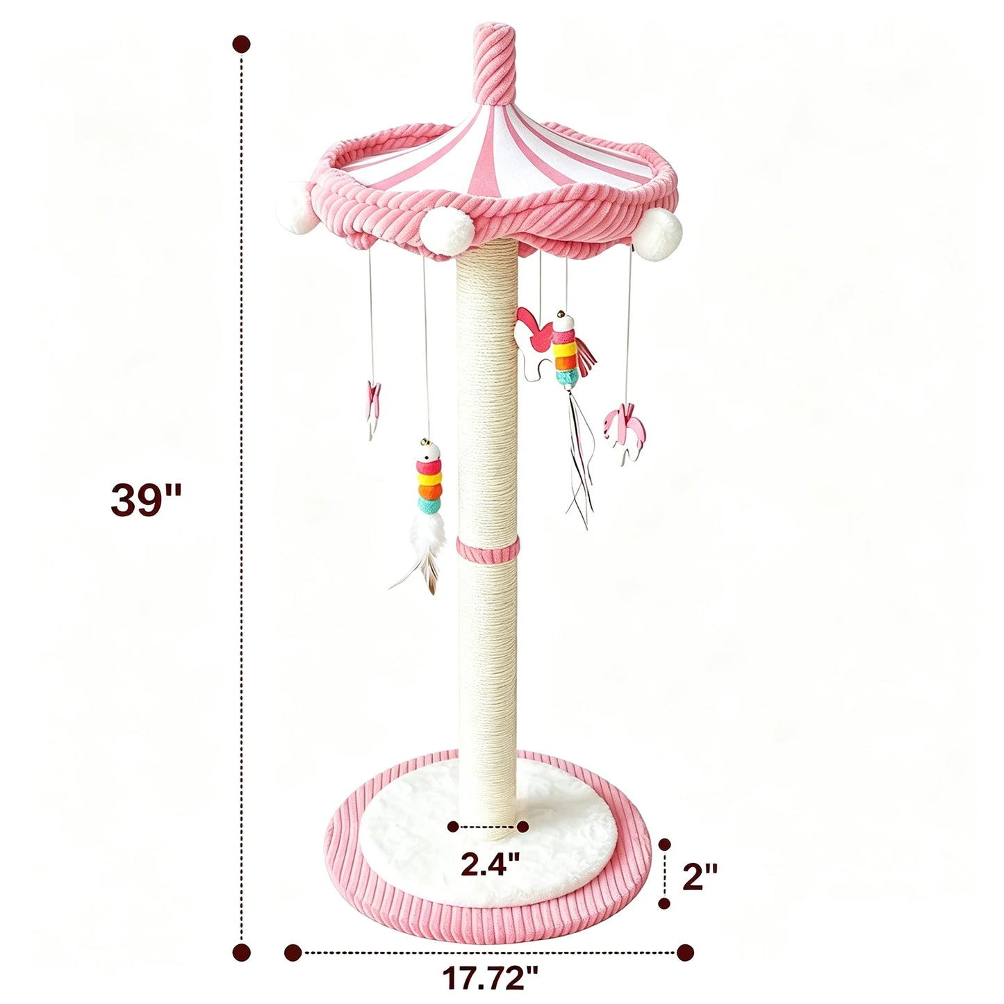 39“ Tall Carousel Cat Scratching Post with Hanging Toys Cat Tree Tower with Rotating Top 17.7" Stable Base Interactive Toys For Indoor Kittens and Adult Cats Climbing
