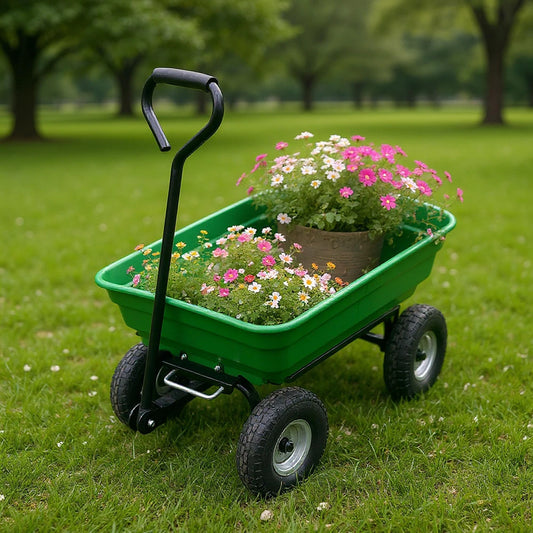 Heavy Duty 4 Wheel Garden Dump Cart 600 lb Utility Wheelbarrow Wagon With Poly Bed D-Handle For Yard Lawn Landscaping