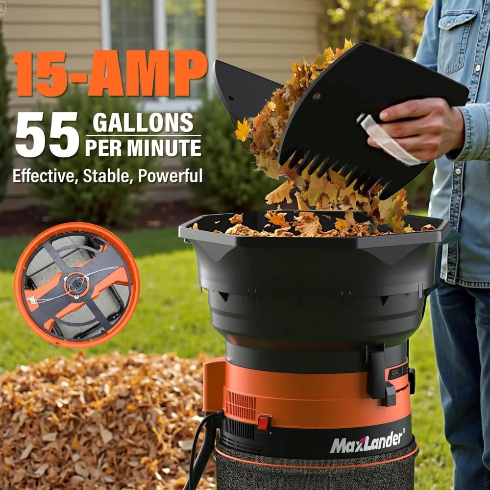Electric Leaf Mulcher/Shredder, 15A 8400RPM, 18:1 Ratio, Dial, Goggles, Scoops, Gloves, 20 Lines, Portable