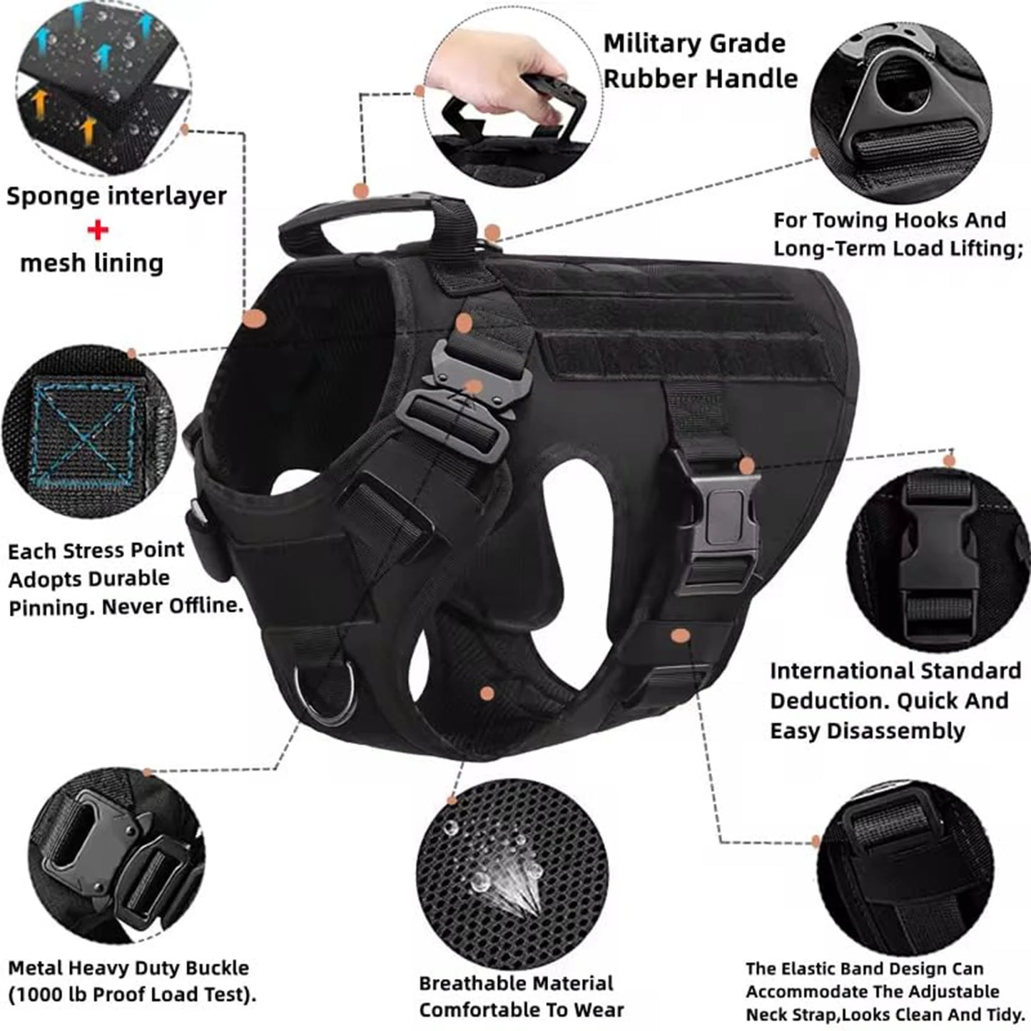 PETRAVELCN Tactical Dog Harness Vest Molle Pouches For Training