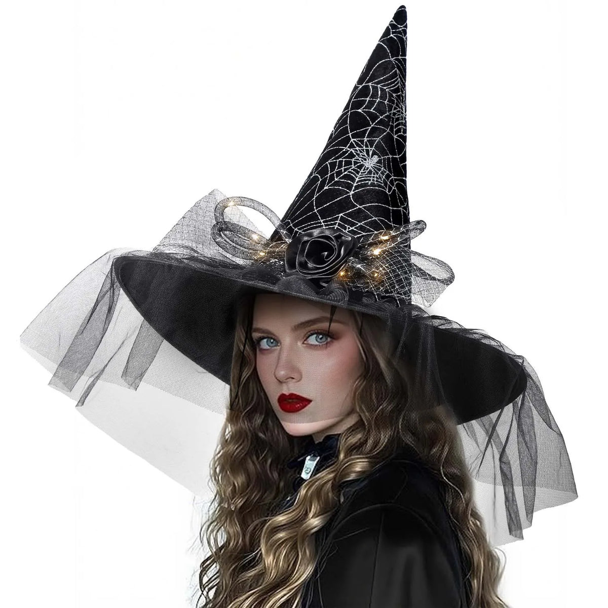 Women's Halloween Witch Hat with Lace, Feather and LED Decor