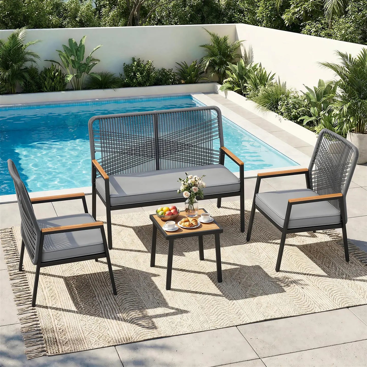 Modern Rattan Patio Loveseat With Cushion And Metal Frame