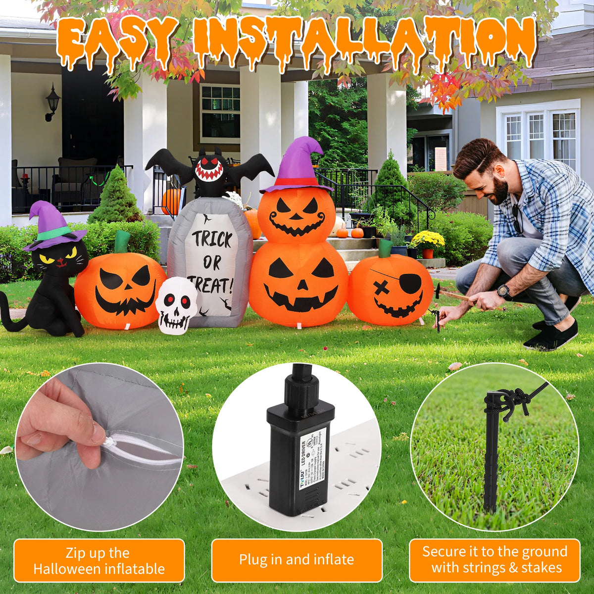 HiMISS Halloween Pumpkin Cat Tombstone Inflatable Yard Decor LED Lights