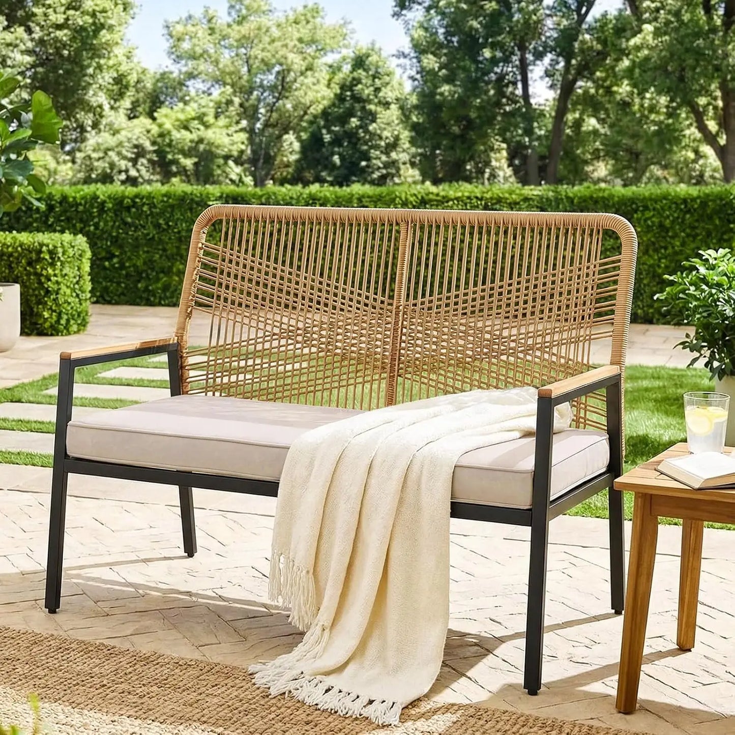 Modern Rattan Patio Loveseat With Cushion And Metal Frame