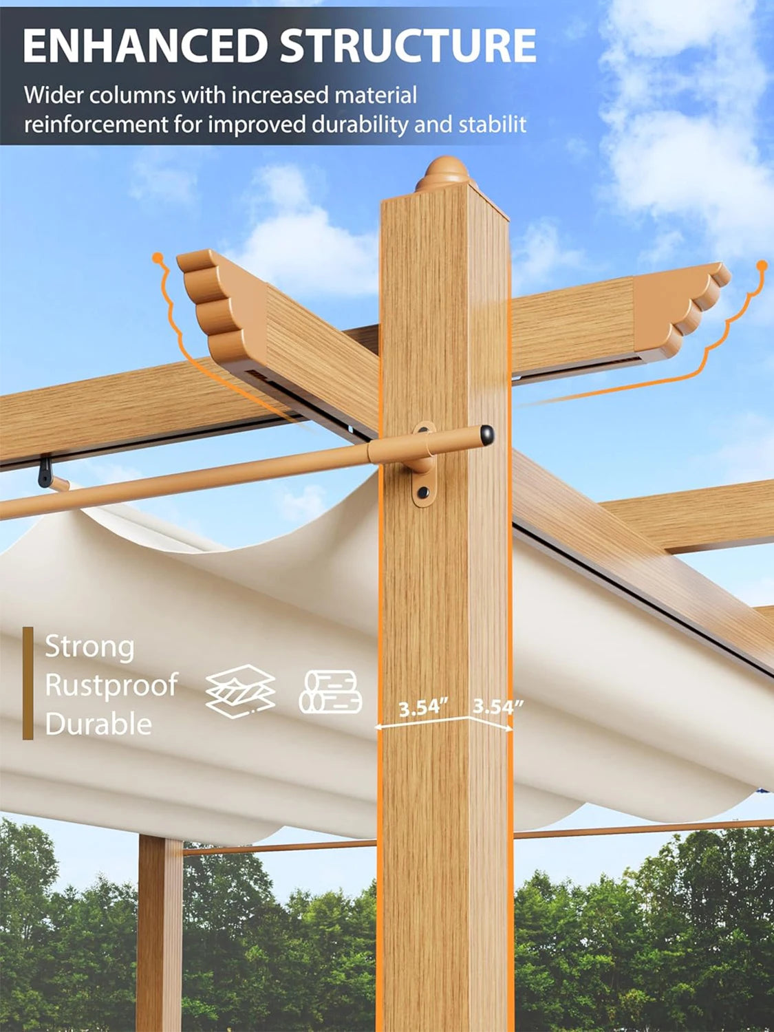 HiMISS Outdoor Pergola With Retractable Canopy Faux Wood Grain Aluminum