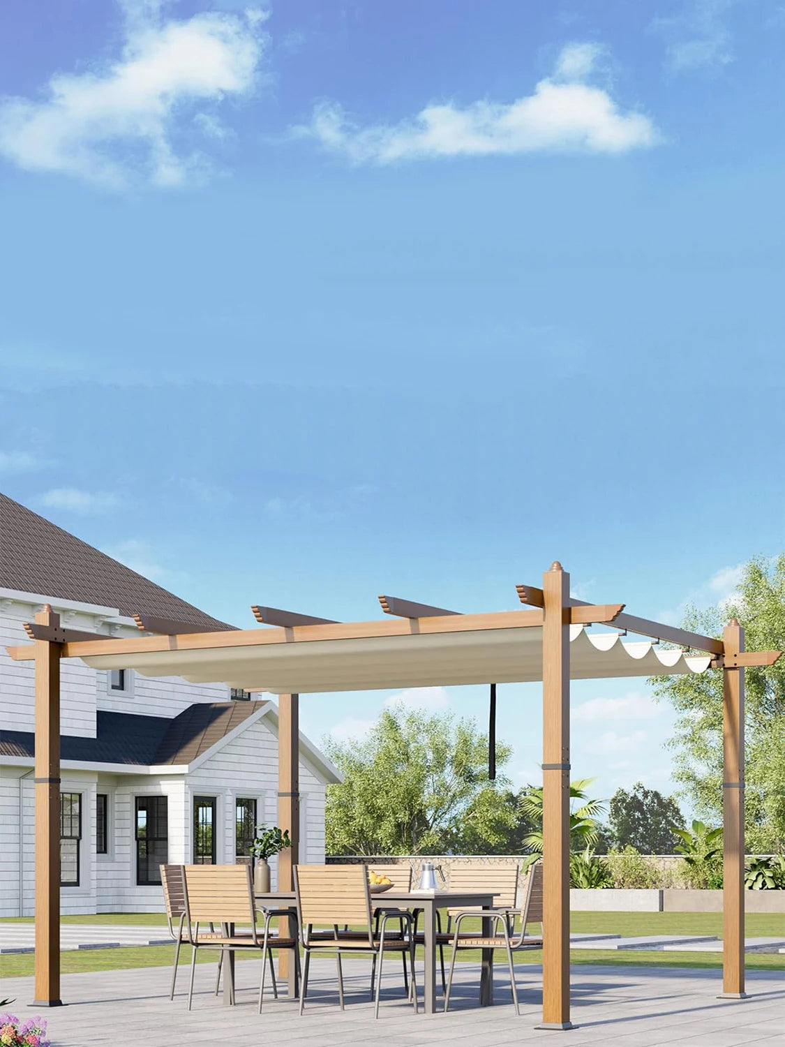 HiMISS Outdoor Pergola With Retractable Canopy Faux Wood Grain Aluminum