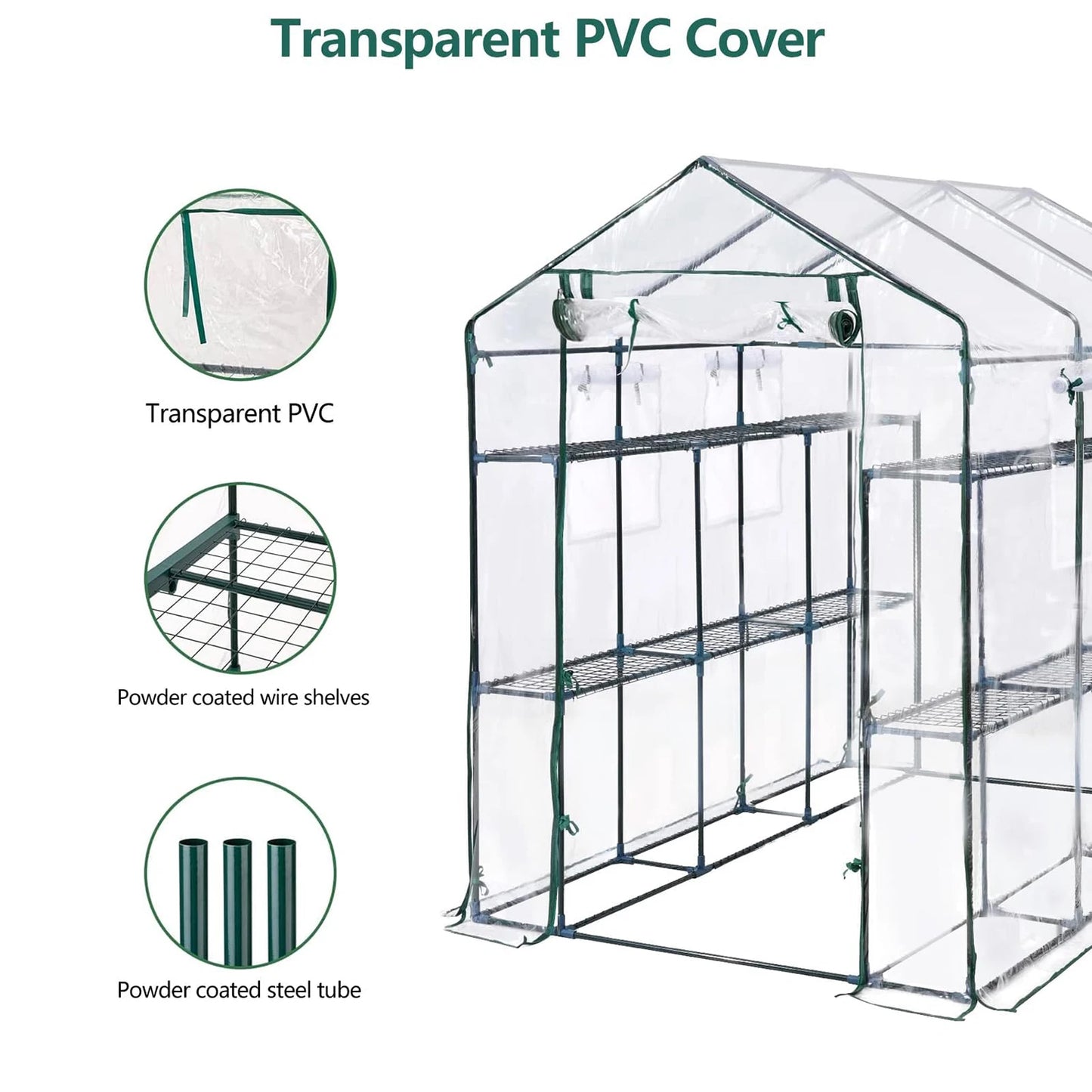 HiMISS Walk In Greenhouse With Eight Shelves And PE Cover