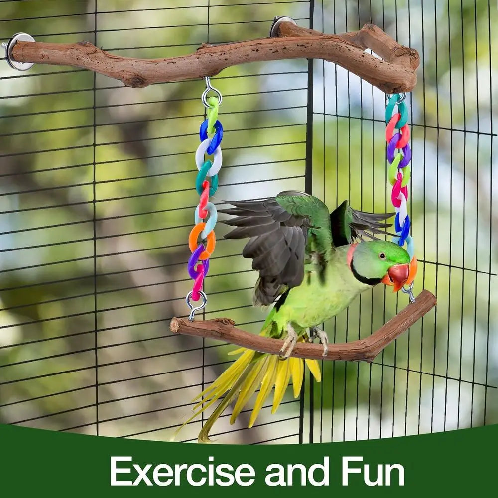 Standing Bird Perch with Natural Grape Wood, Hangable Birdcage Accessories, Birds Chewing Toy for Budgerigars, Parakeets, Cockat