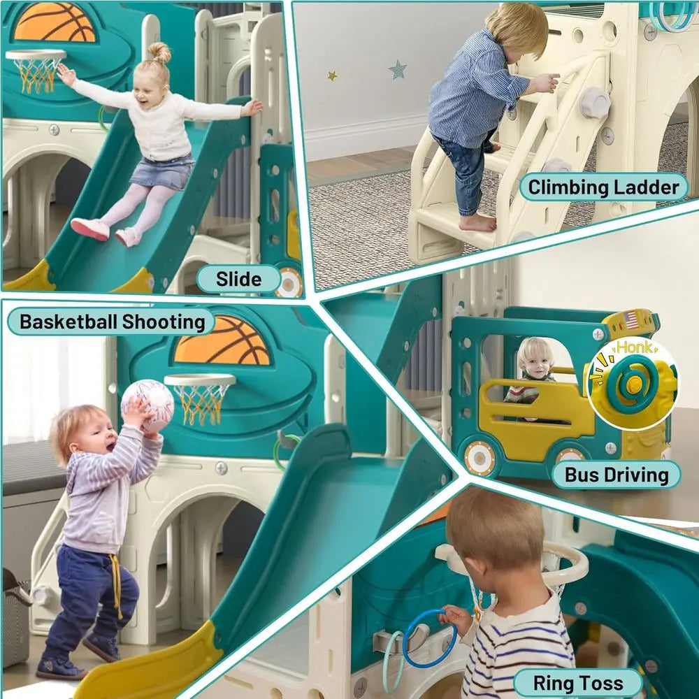 Bus Themed Toddler Playground Climber With Slide And Playhouse Indoor