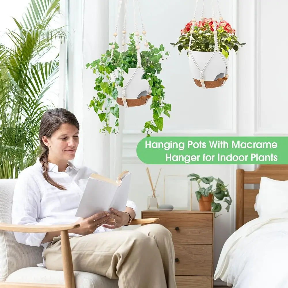 Hanging Planters Indoor Outdoor Plants, 2 Pack Self Watering Hanging Pots, Hanging Plant Baskets with Drainage Holes & 2 Types o