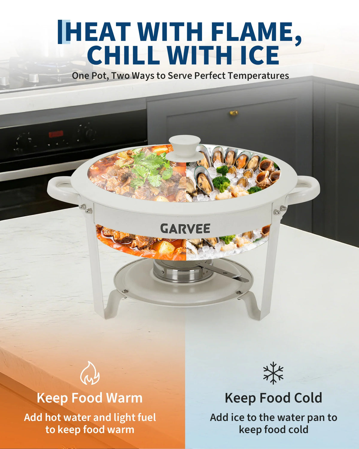 5.3QT Round Chafing Dish Set Natural Maifanite Non‑Stick Coating, Keep Warm & Cold, Stackable Foldable Frame, Anti‑Scald Handle Glass Lid for Buffet Wedding Party Catering Supplies