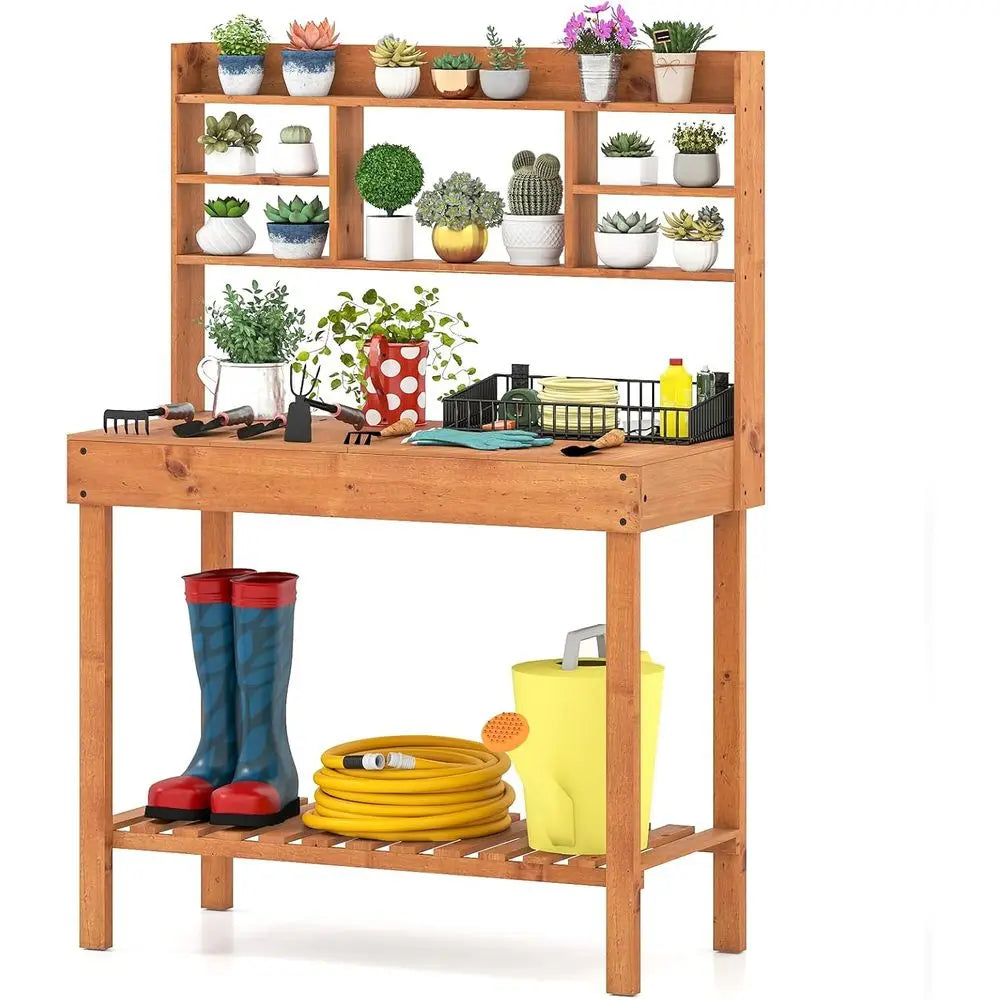 Potting Bench Table, Outside Solid Wood Gardening Table with lip-up Tabletop, Storage Shelves, Indoor Outdoor Wooden Workstation